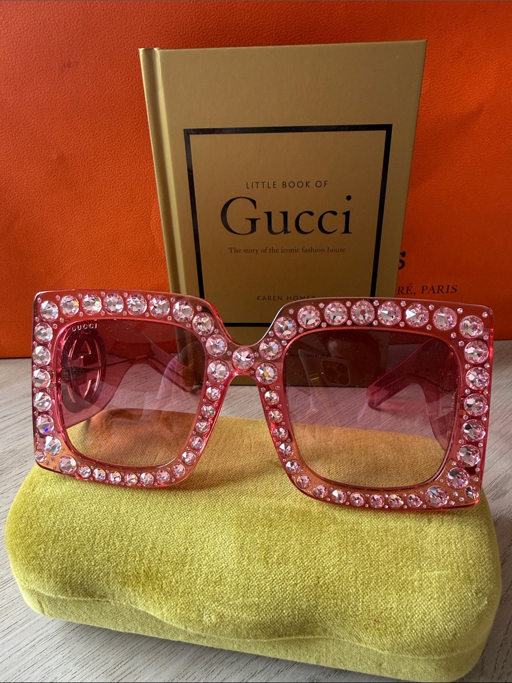Gucci Crystal Embellished Oversized Square Sunglasses Pink Statement Luxury
